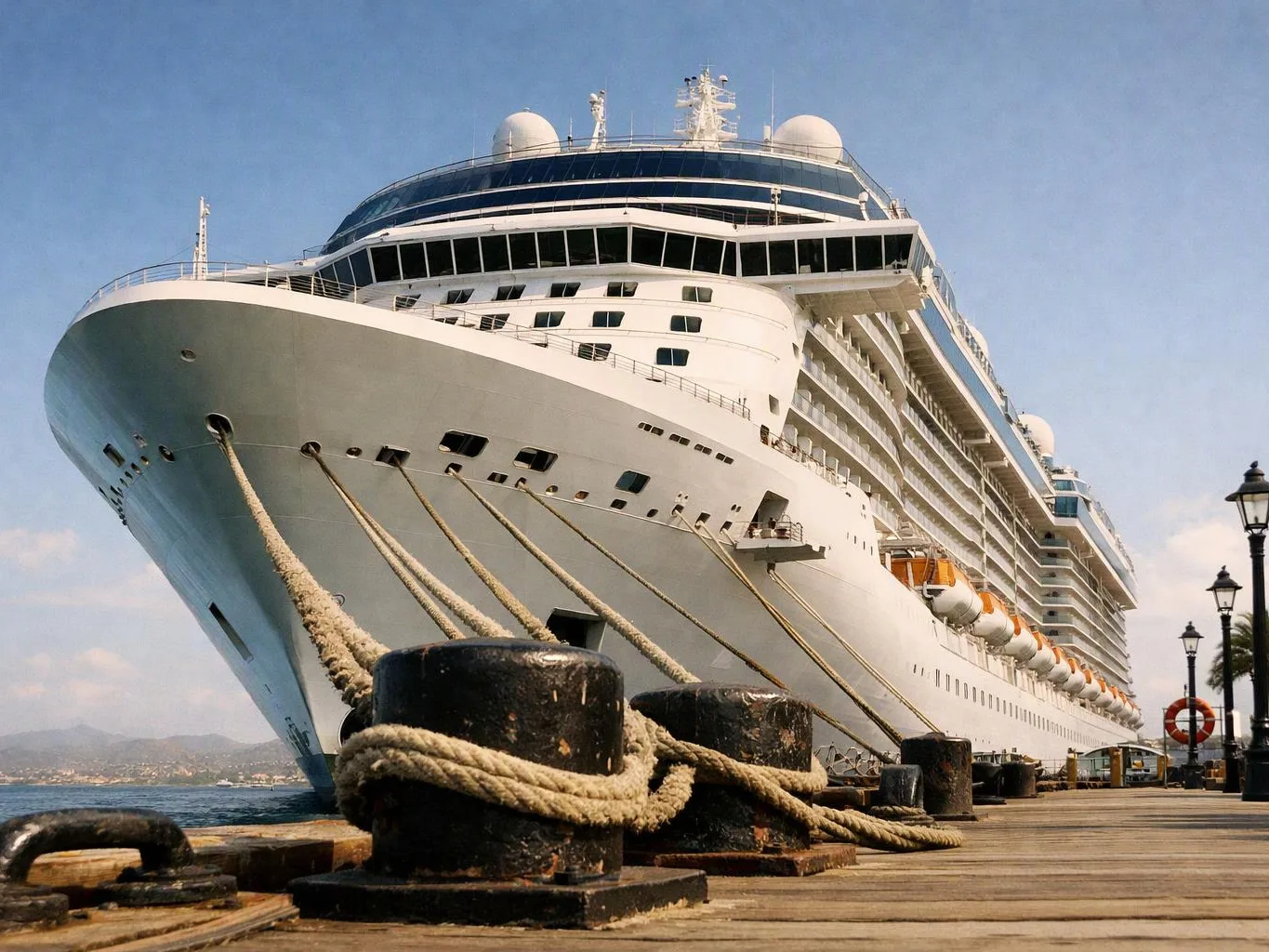 A large white cruise ship is moored at a dock, with thick ropes tied to black bollards under a clear sky