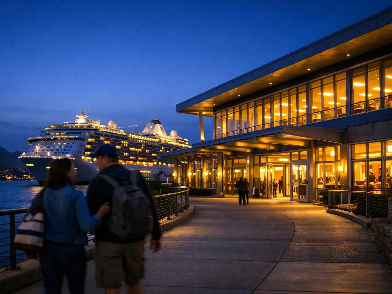 A lit cruise ship docks beside a glass waterfront building as two people walk along the promenade at dusk