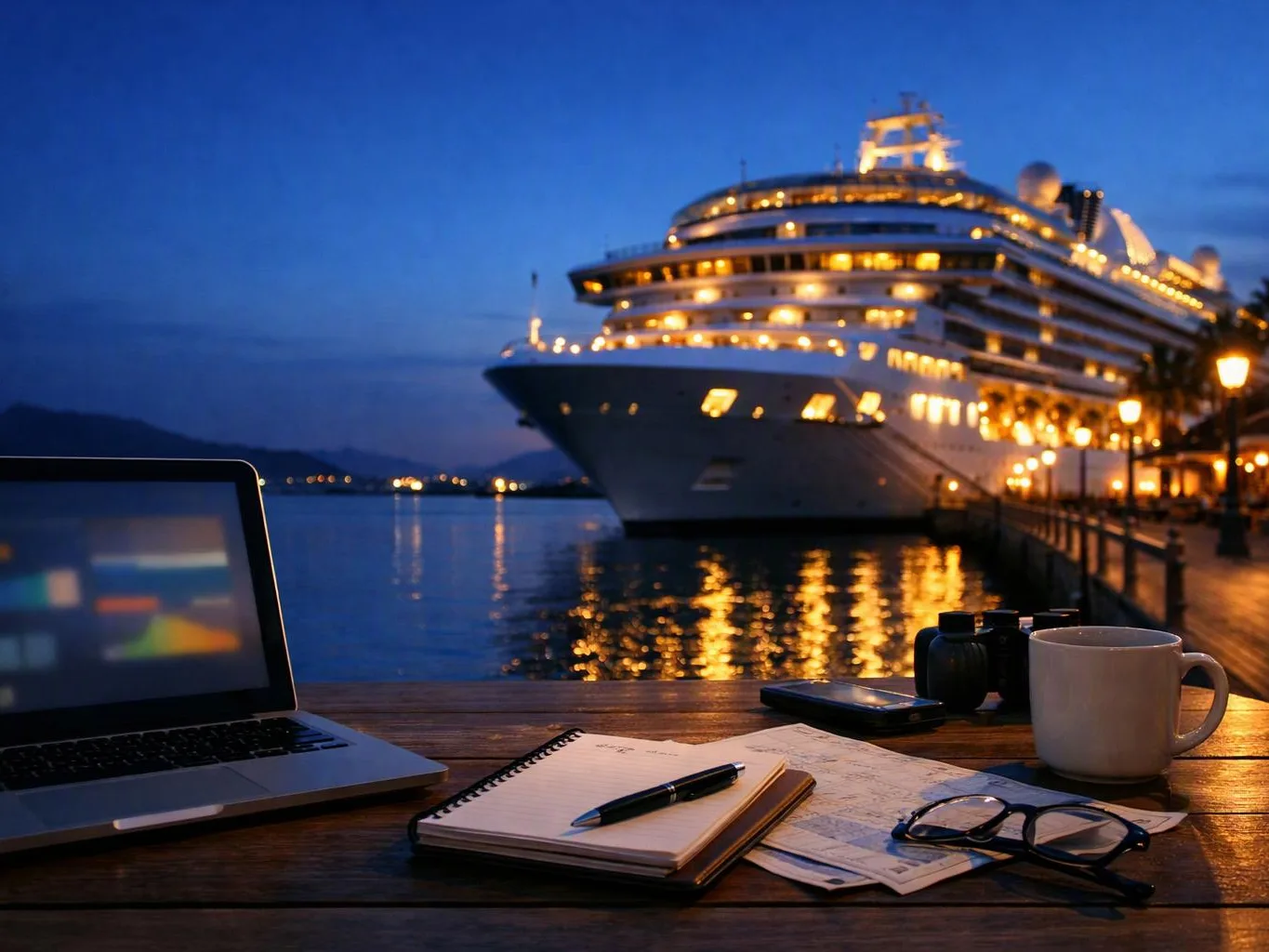 A lit cruise ship sits beside a dock at dusk, with a laptop, notebook, map, binoculars, glasses, and coffee on a table