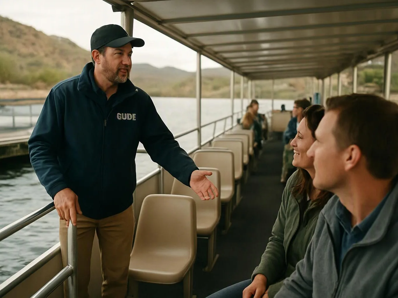 A man in a cap talks to seated passengers on an open boat deck with water and hills behind them