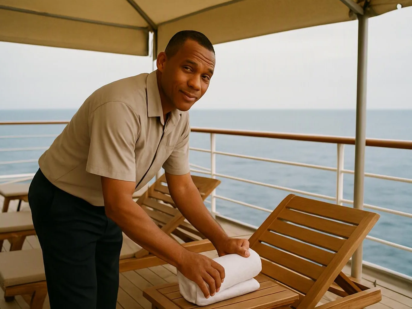 A man folds white towels on a wooden lounge chair under a canopy beside the ocean