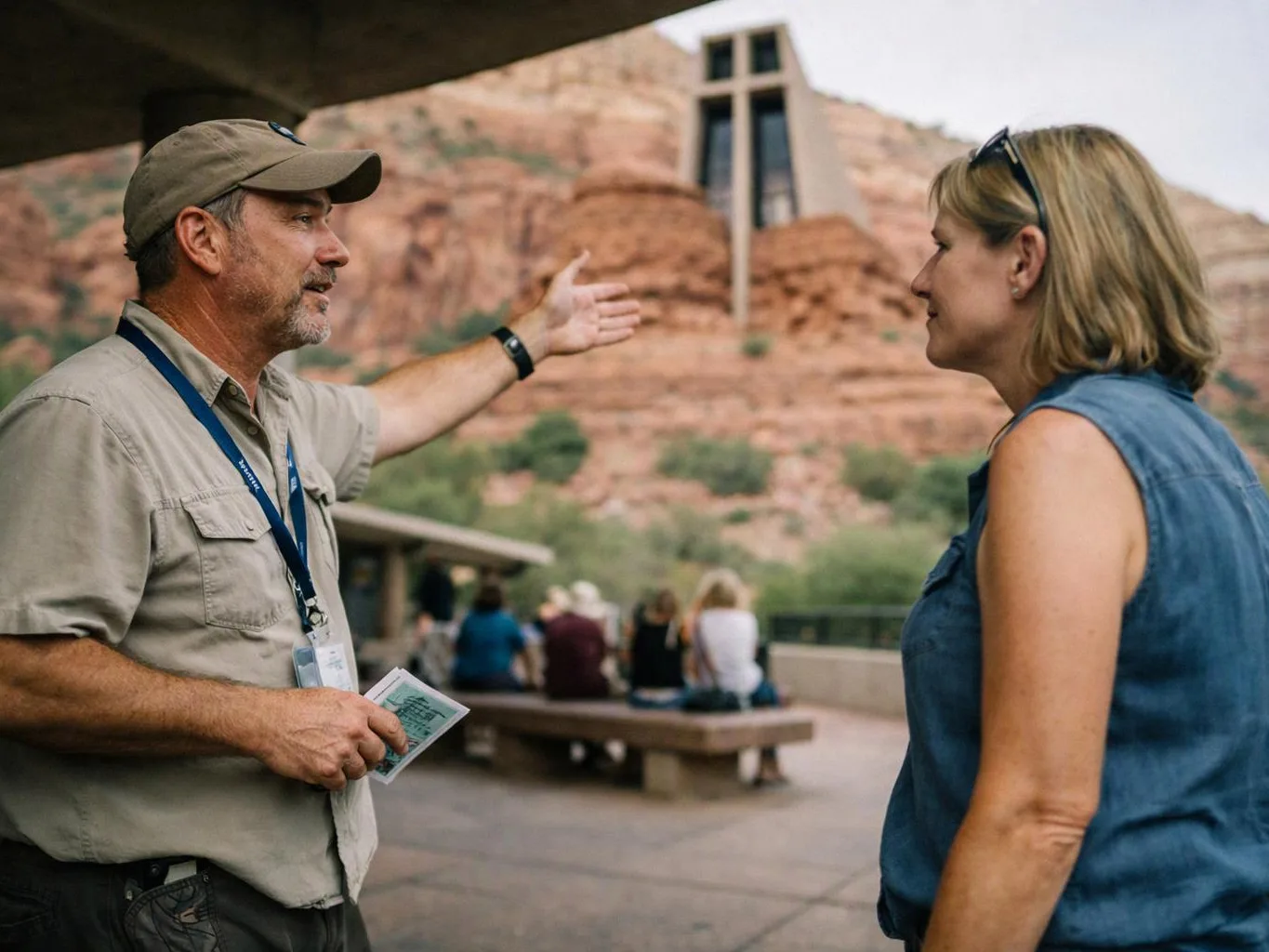 A man gestures toward a rock cliff and tall structure while speaking to a woman outdoors