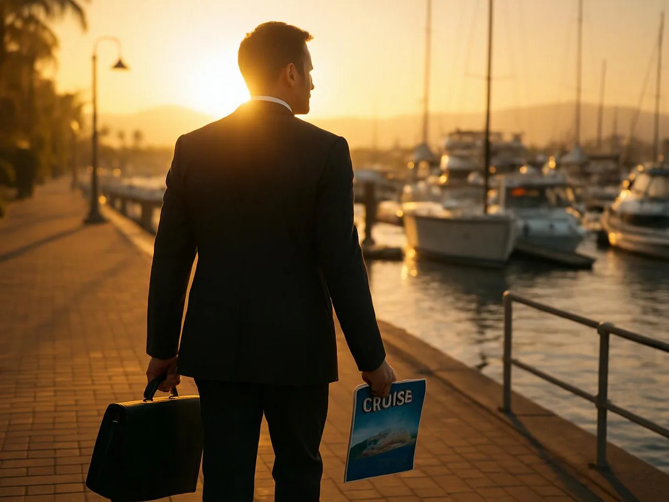 A man in a suit walks along a marina at sunset, carrying a briefcase and a cruise brochure