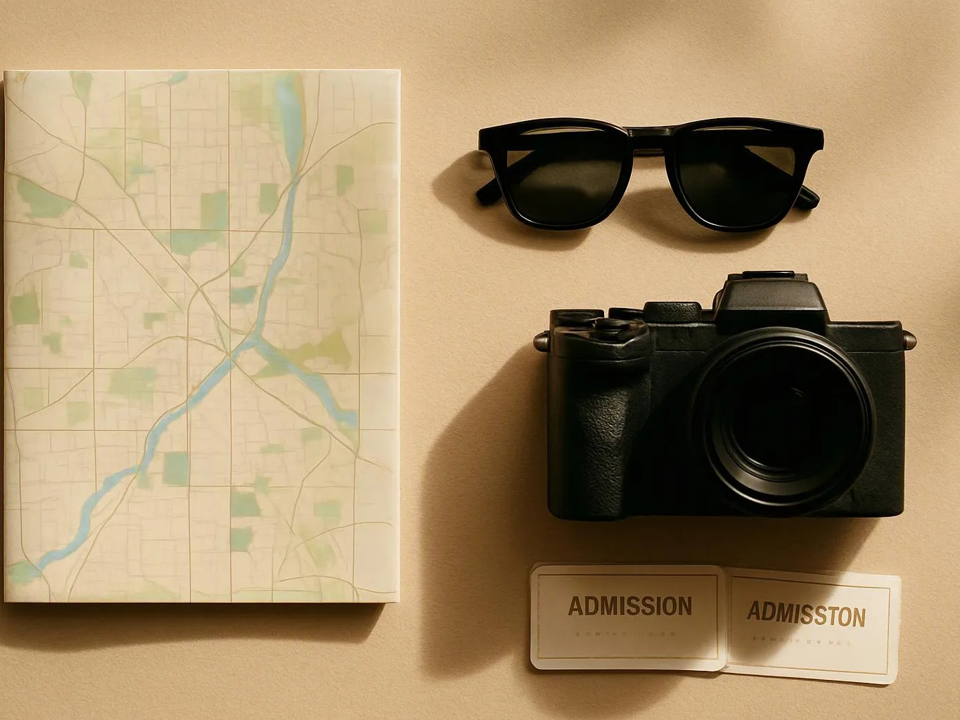 A map book, black sunglasses, a camera, and two admission tickets rest on a beige surface