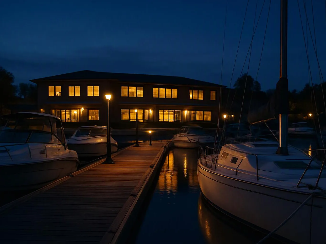 Moored sailboats line a lit dock beside a glowing waterfront building at night