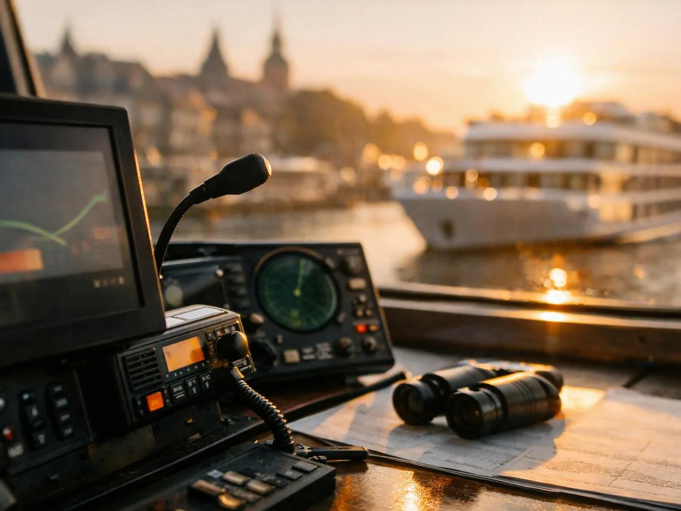 Navigation instruments and binoculars sit on a boat console at sunset, with a blurred harbor and passing vessel behind