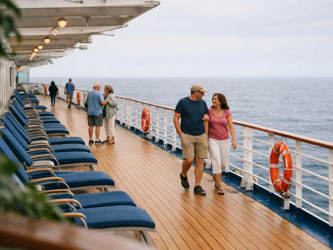 Passengers stroll along a cruise ship deck beside blue lounge chairs and the open sea