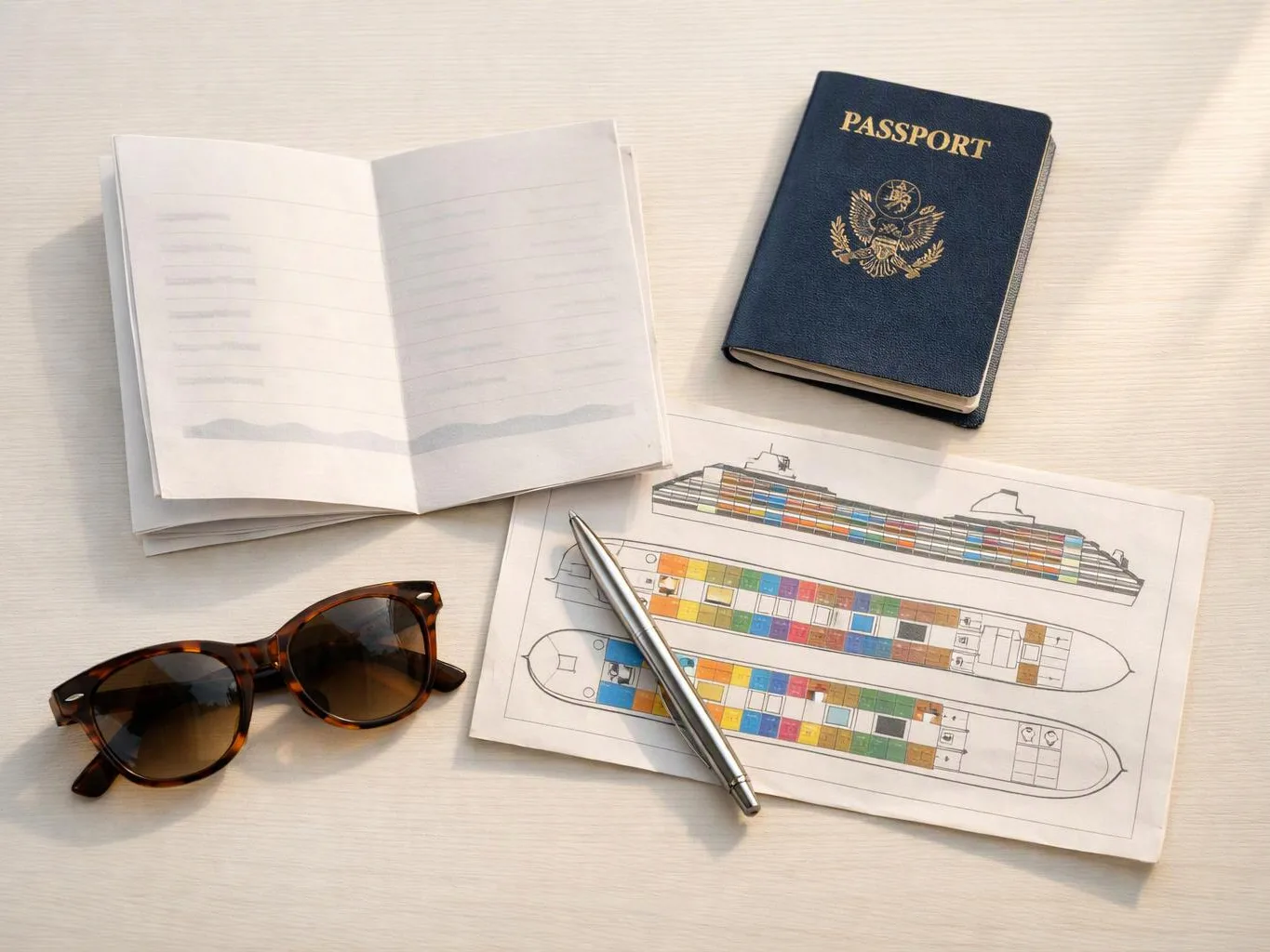 Passport, open booklet, sunglasses, pen, and colorful ship deck plan arranged on a light table
