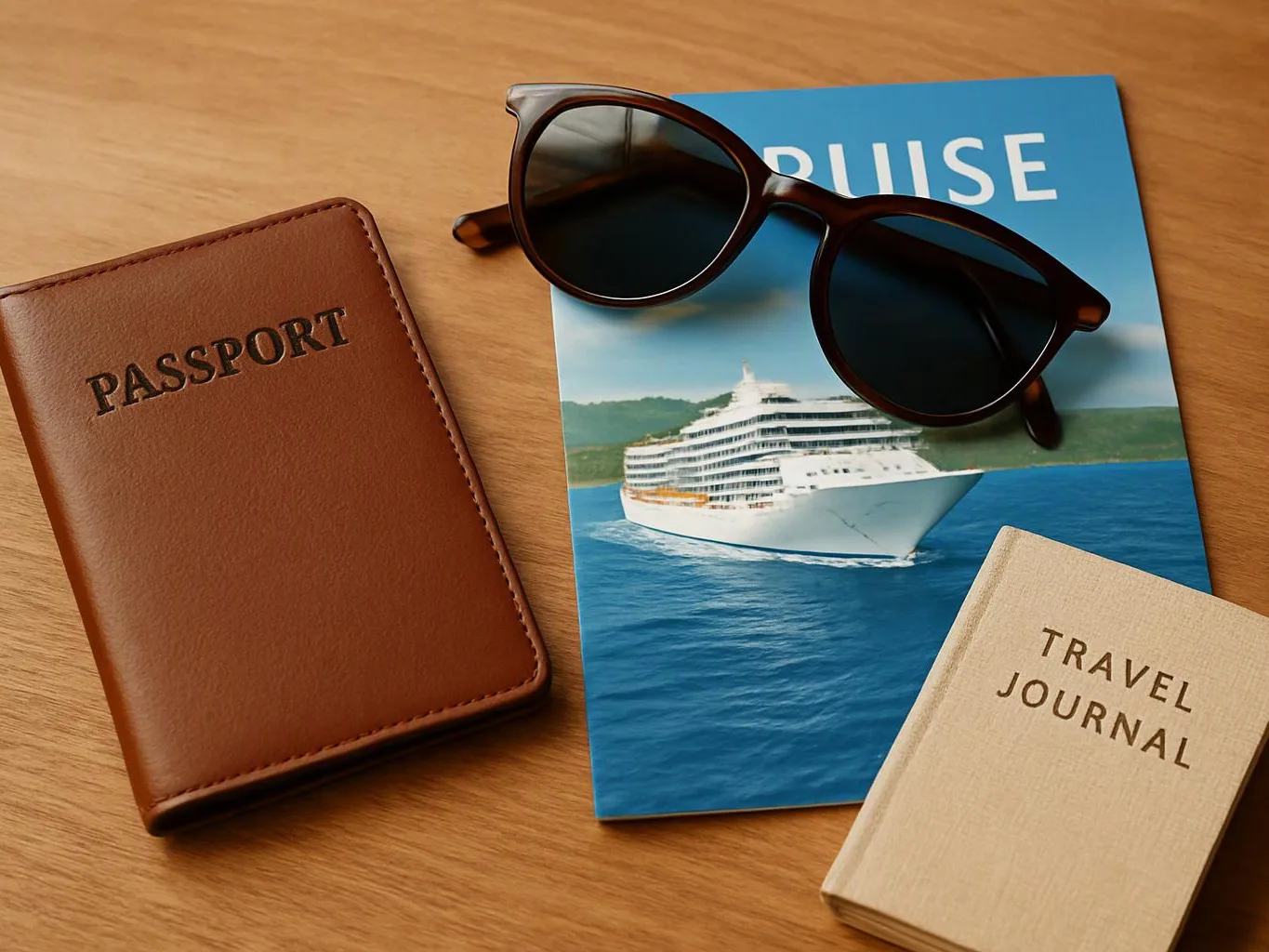 Passport, sunglasses, cruise brochure, and travel journal arranged on a wooden table