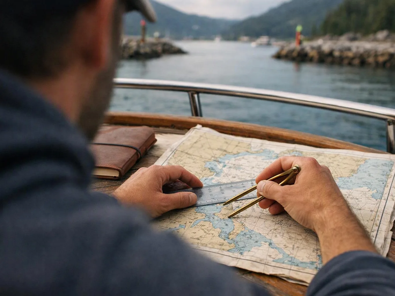 A person on a boat measures a paper map with a compass, with a harbor and mountains ahead