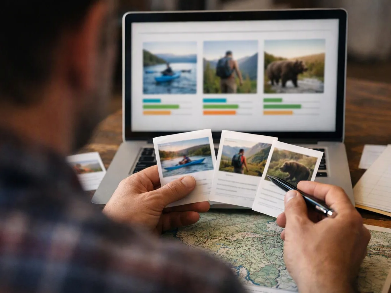 A person compares three travel photos while holding a pen over a laptop and map