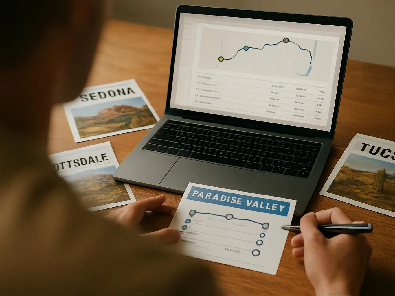 A person marks a travel route on a laptop beside printed destination cards and a postcard on a wooden table