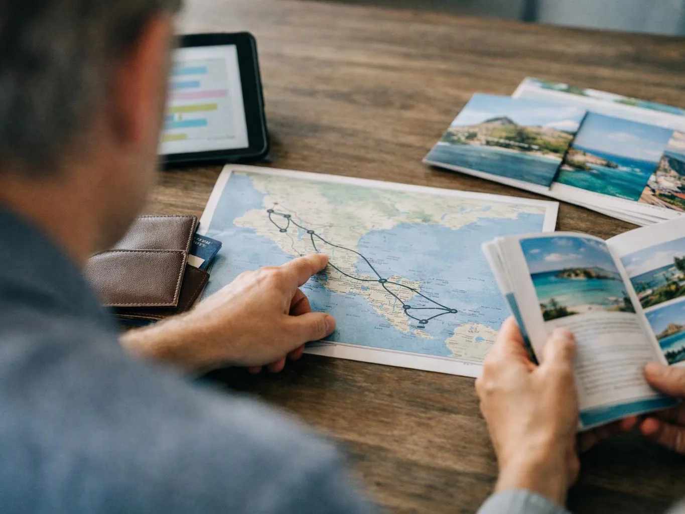 A person points at a marked map while holding a travel brochure at a wooden table
