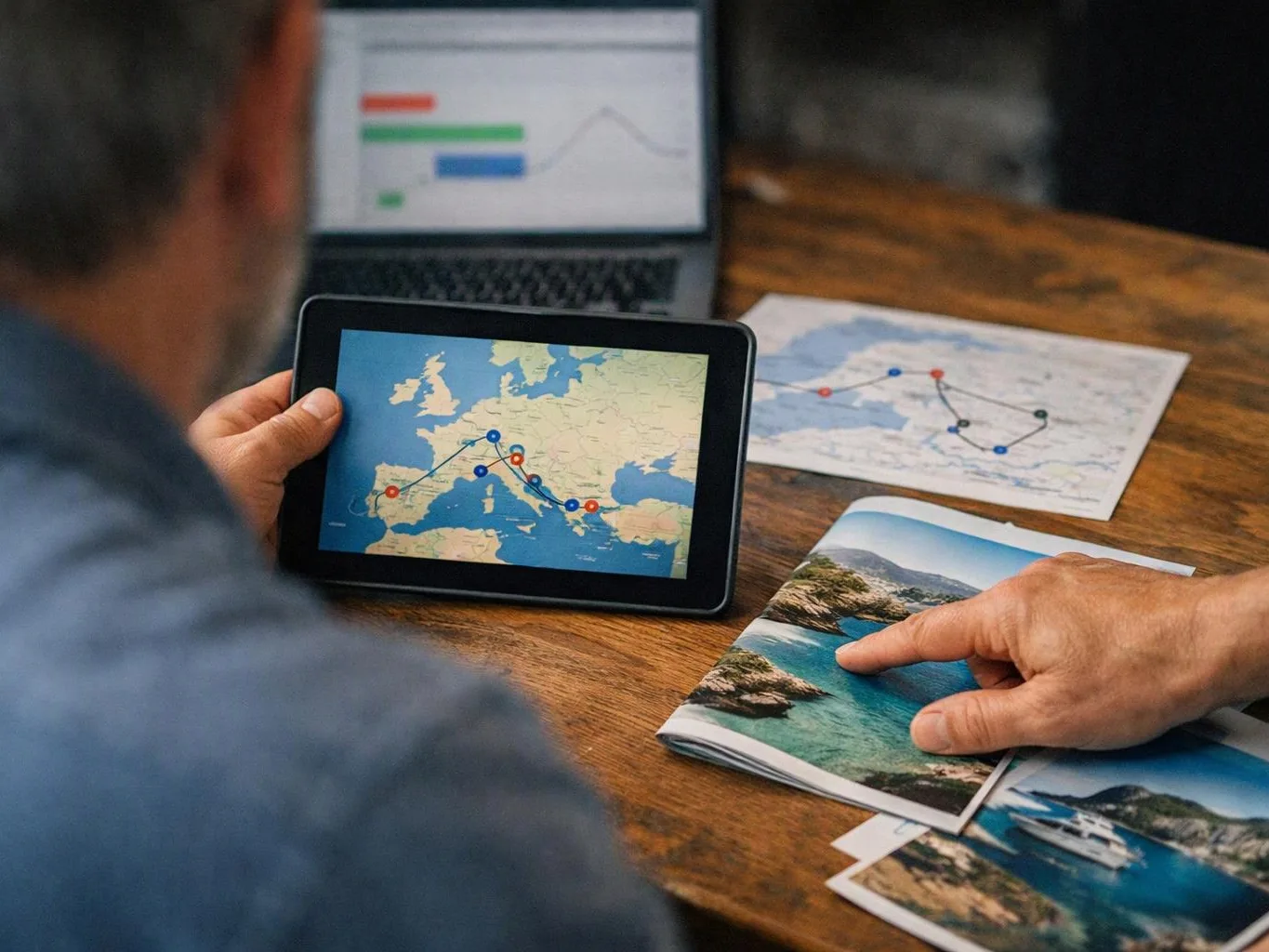 A person studies a tablet map, printed route sheets, and travel photos on a wooden table