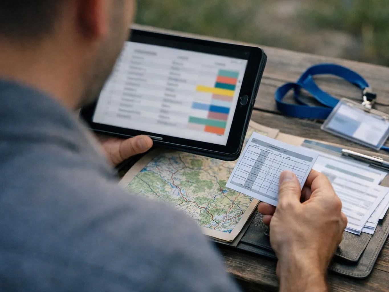 A person studies a tablet, paper map, and card on a wooden table outdoors