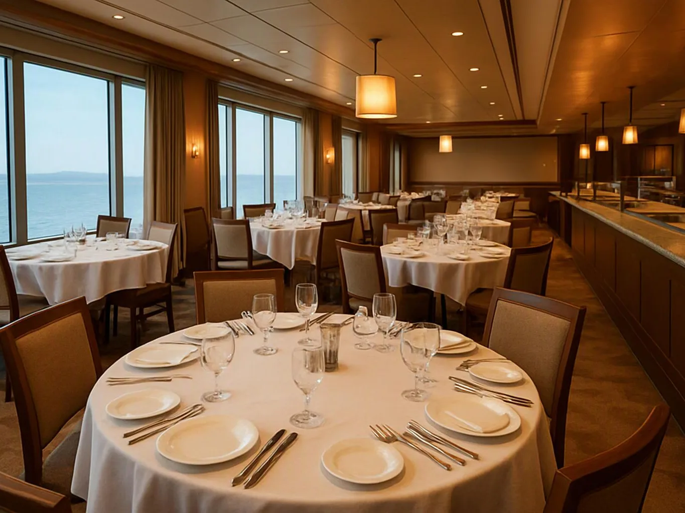 A quiet dining room with round set tables, large windows, and a view of the water