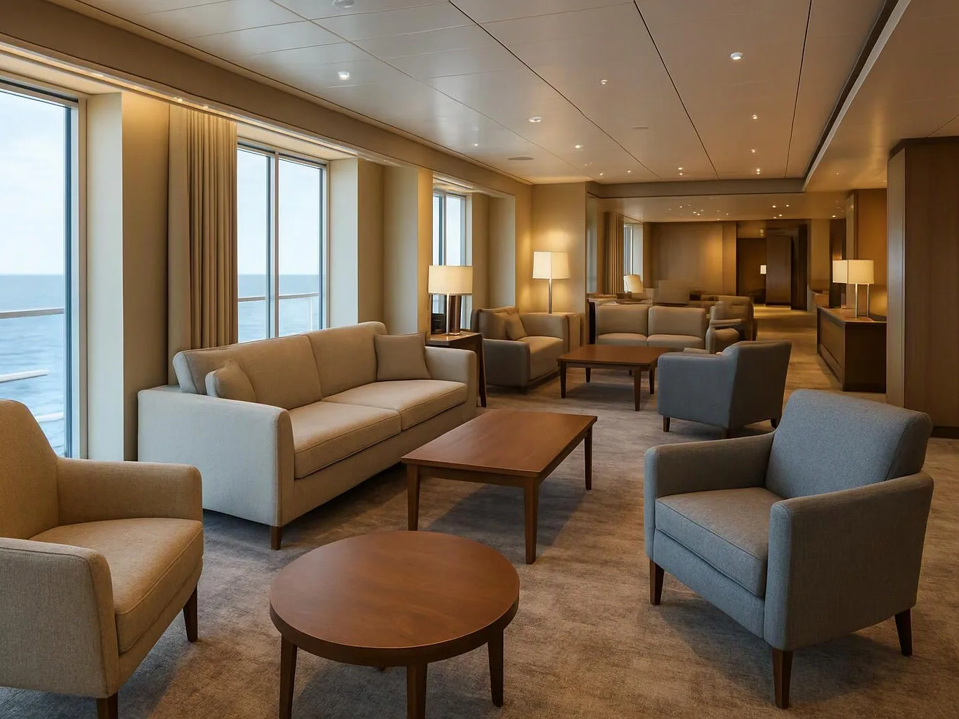 A quiet lounge with beige sofas and armchairs sits beside large windows overlooking the ocean