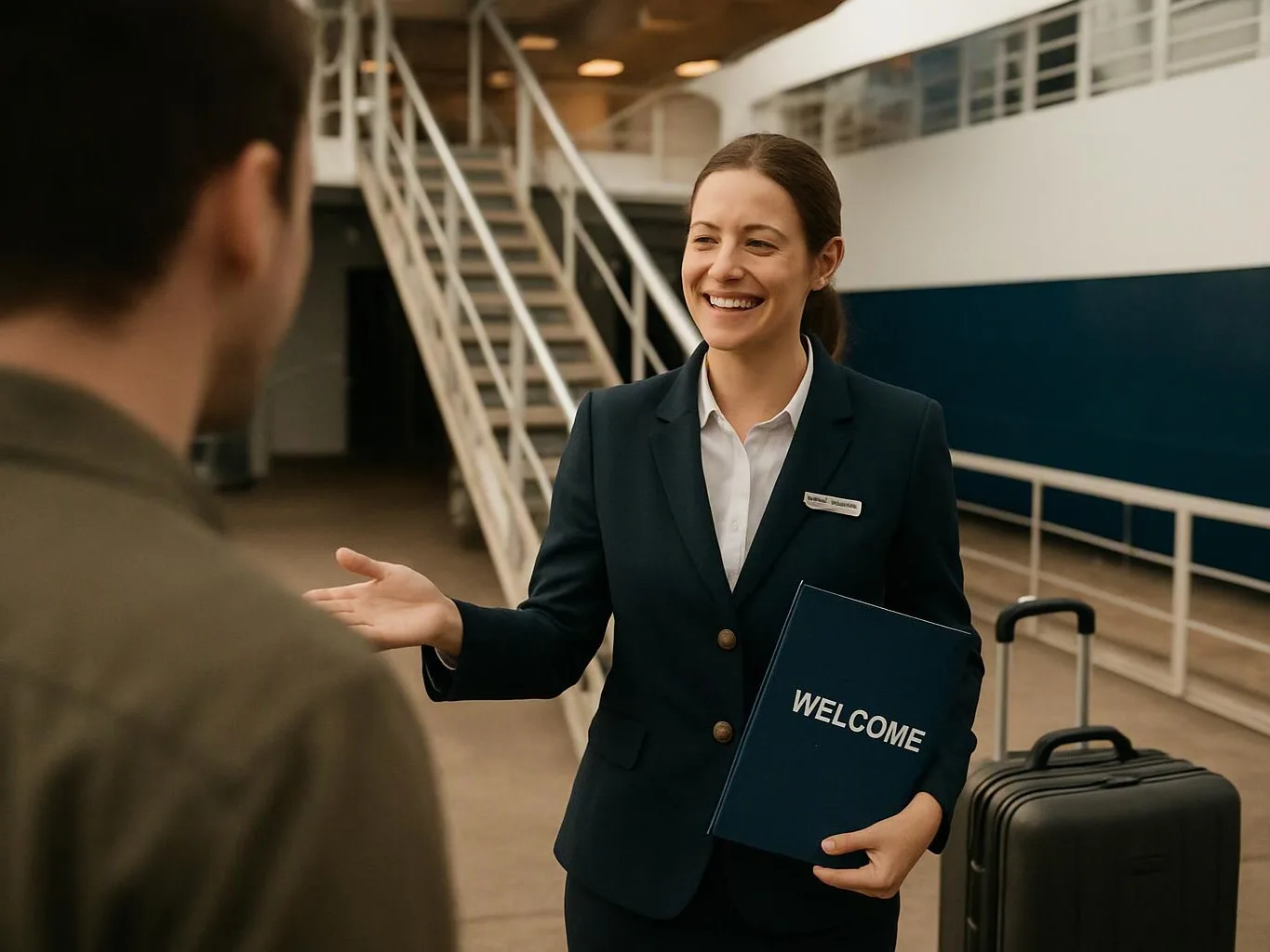 A smiling airline agent greets a traveler inside an airport, holding a folder labeled “WELCOME”