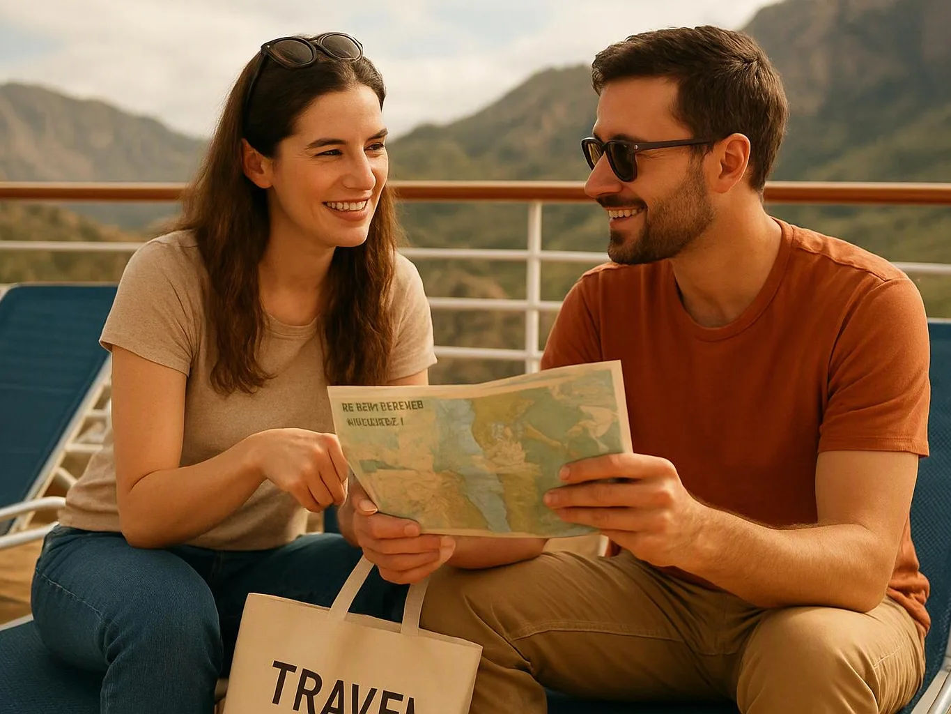 A smiling couple sits on a deck, looking at a map with mountains in the background