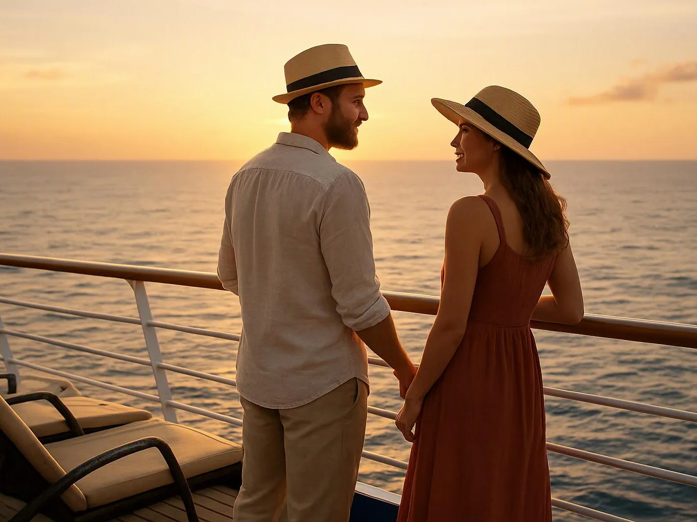 A smiling couple in sun hats stands on a boat deck at sunset, facing each other over the ocean