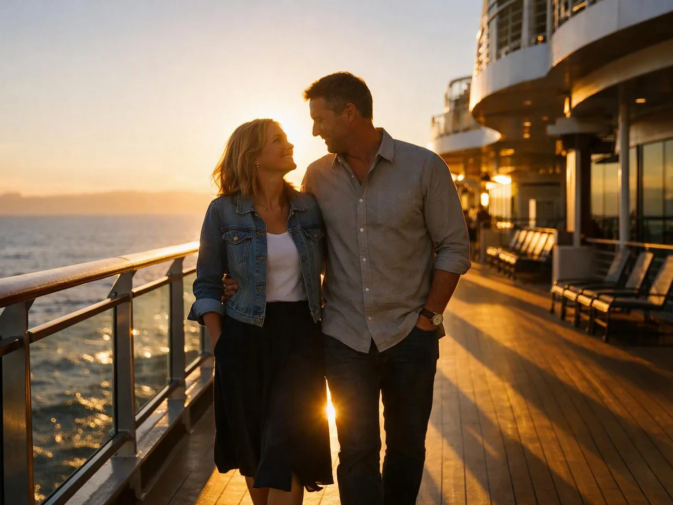 A smiling couple walks arm in arm on a ship deck at sunset by the ocean