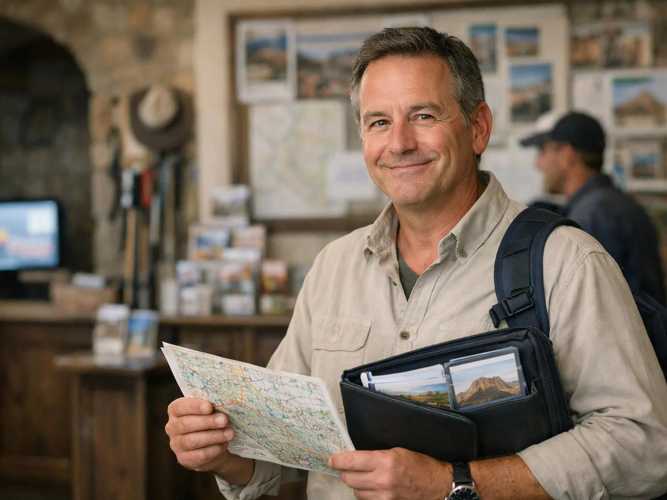 A smiling man holds a folded map and a shoulder bag with photos in a rustic shop