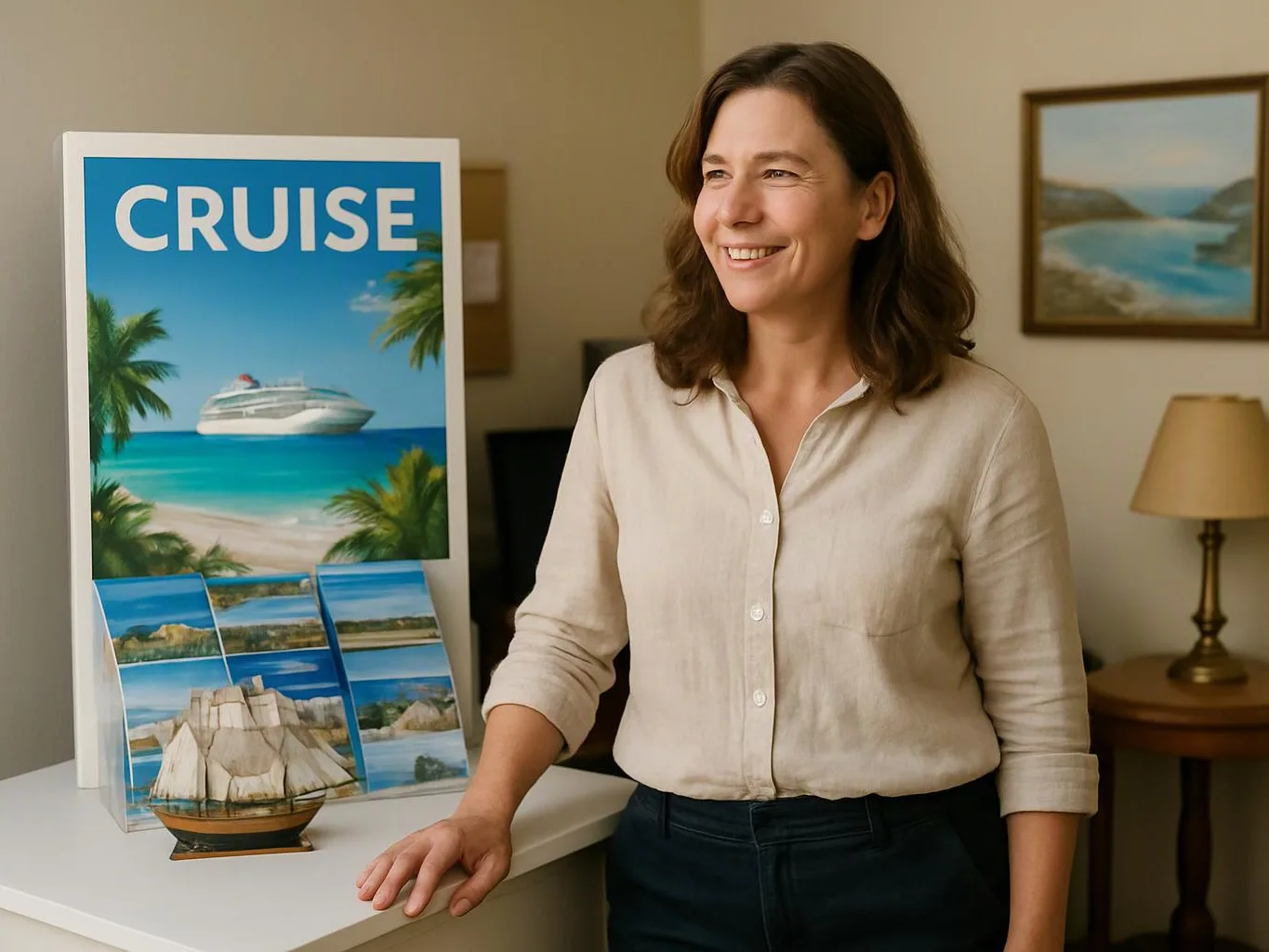 A smiling woman stands beside a cruise poster and travel brochures in a cozy room