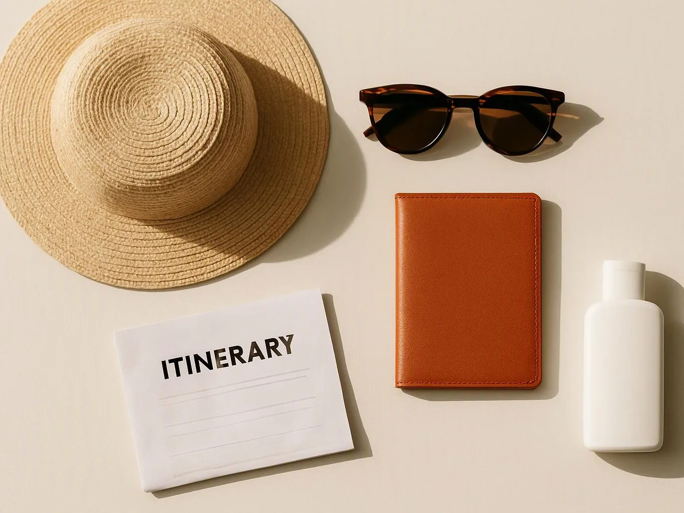A straw hat, sunglasses, an orange passport holder, a white bottle, and an itinerary lie neatly on a beige surface