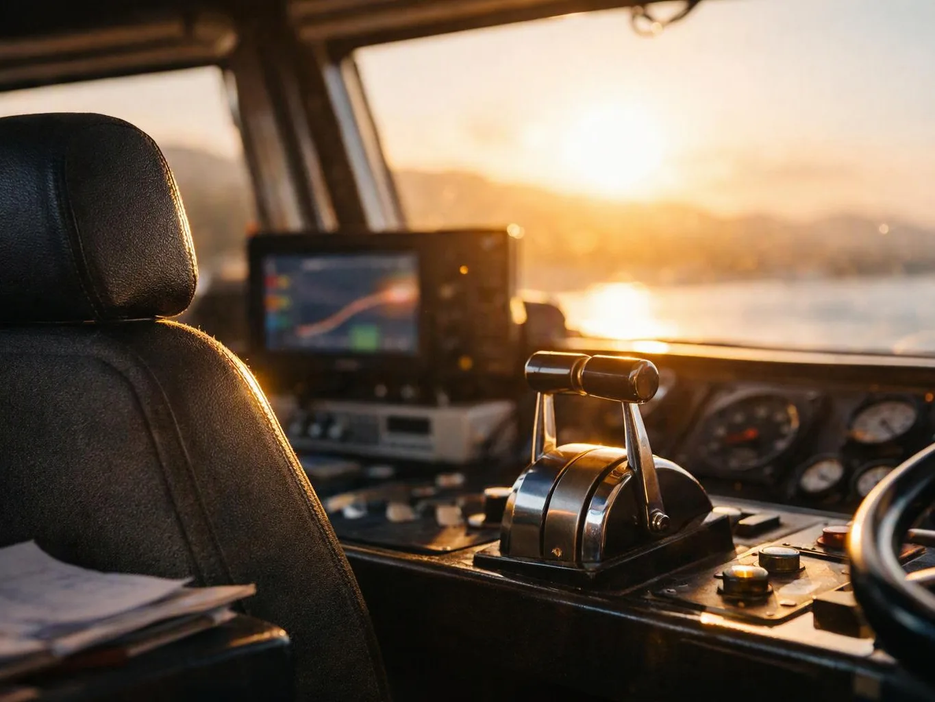 Sunlight pours into a boat cockpit, with a black seat, control lever, dashboard gauges, and water outside