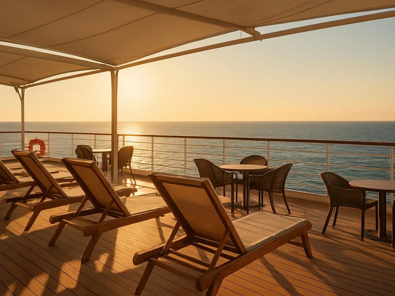 Sunlit deck chairs and tables face the calm ocean under a shaded canopy at sunset