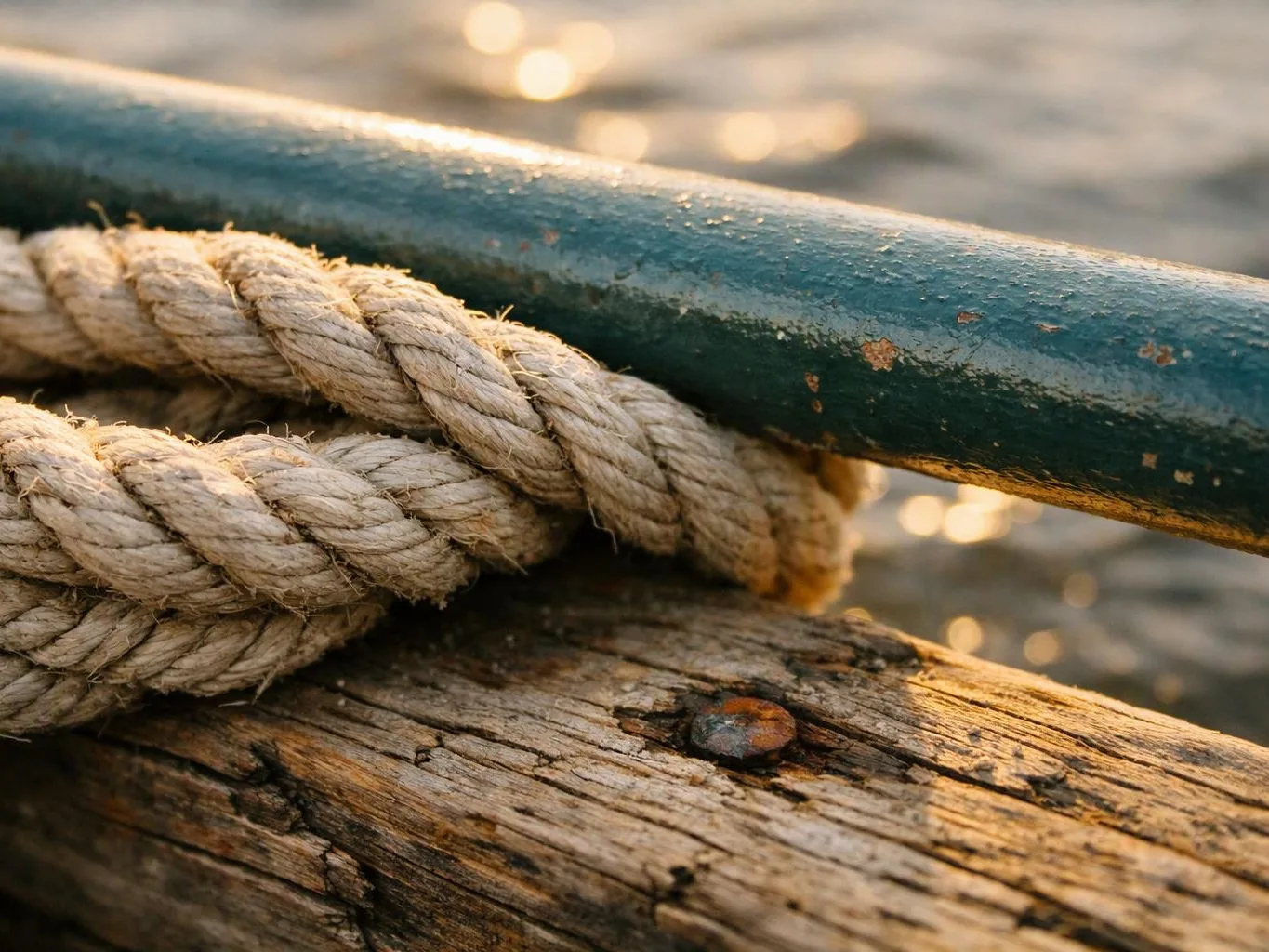 A thick rope is tied around a weathered wooden beam beside rippling water at sunset