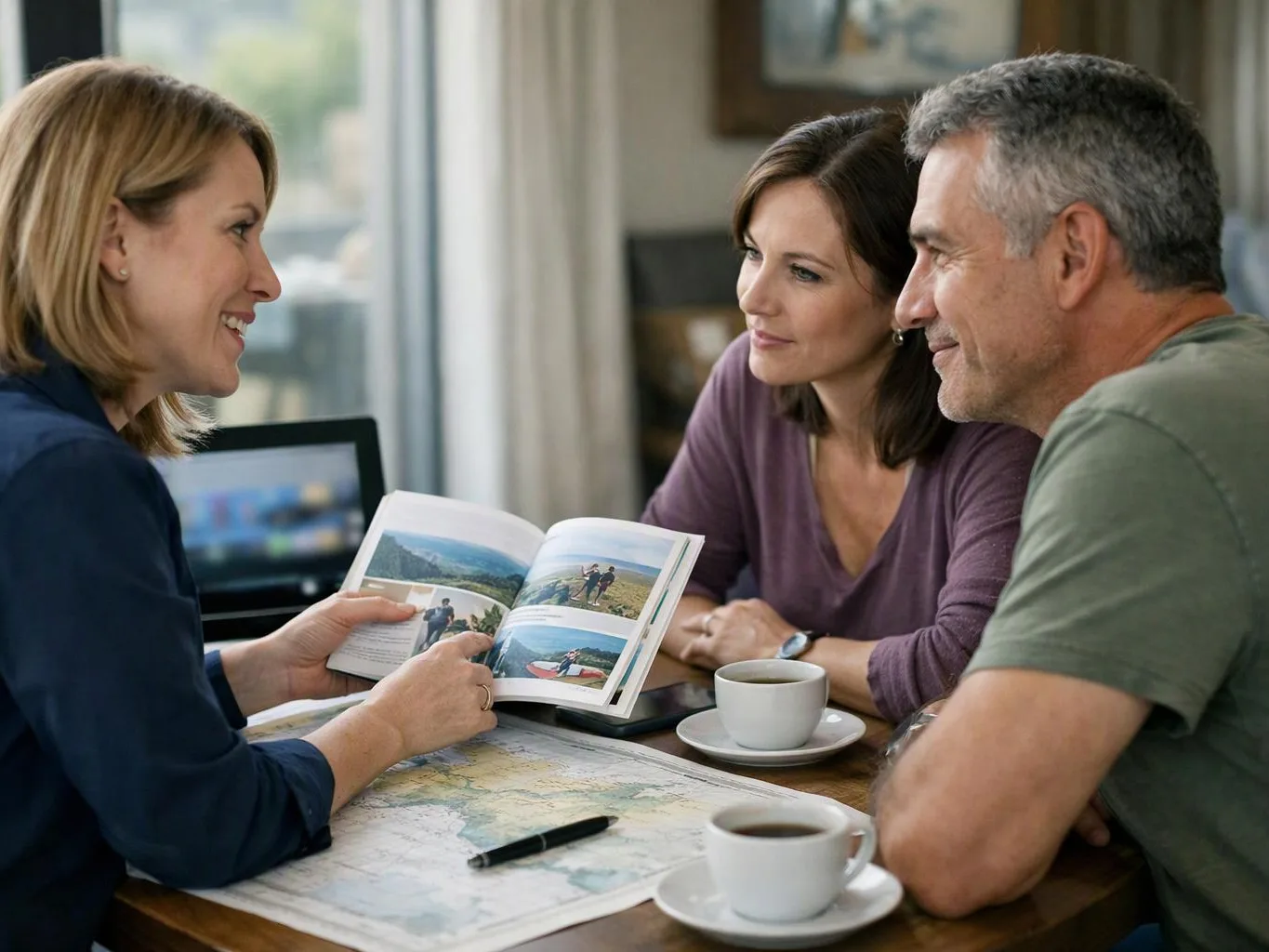 Three adults sit at a table, looking at a travel photo book and map with coffee cups nearby