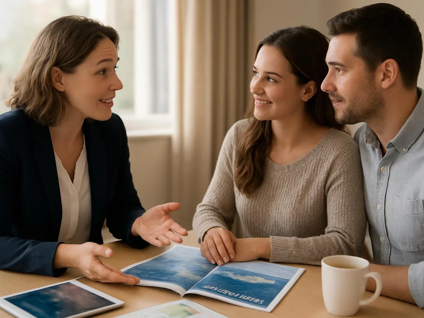 Three adults sit at a table, smiling as one woman gestures over an open brochure in a bright room