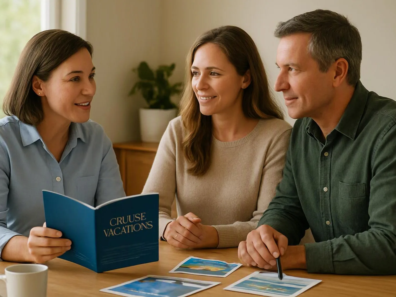 Three adults sit at a table, smiling at a travel brochure and scattered vacation photos indoors