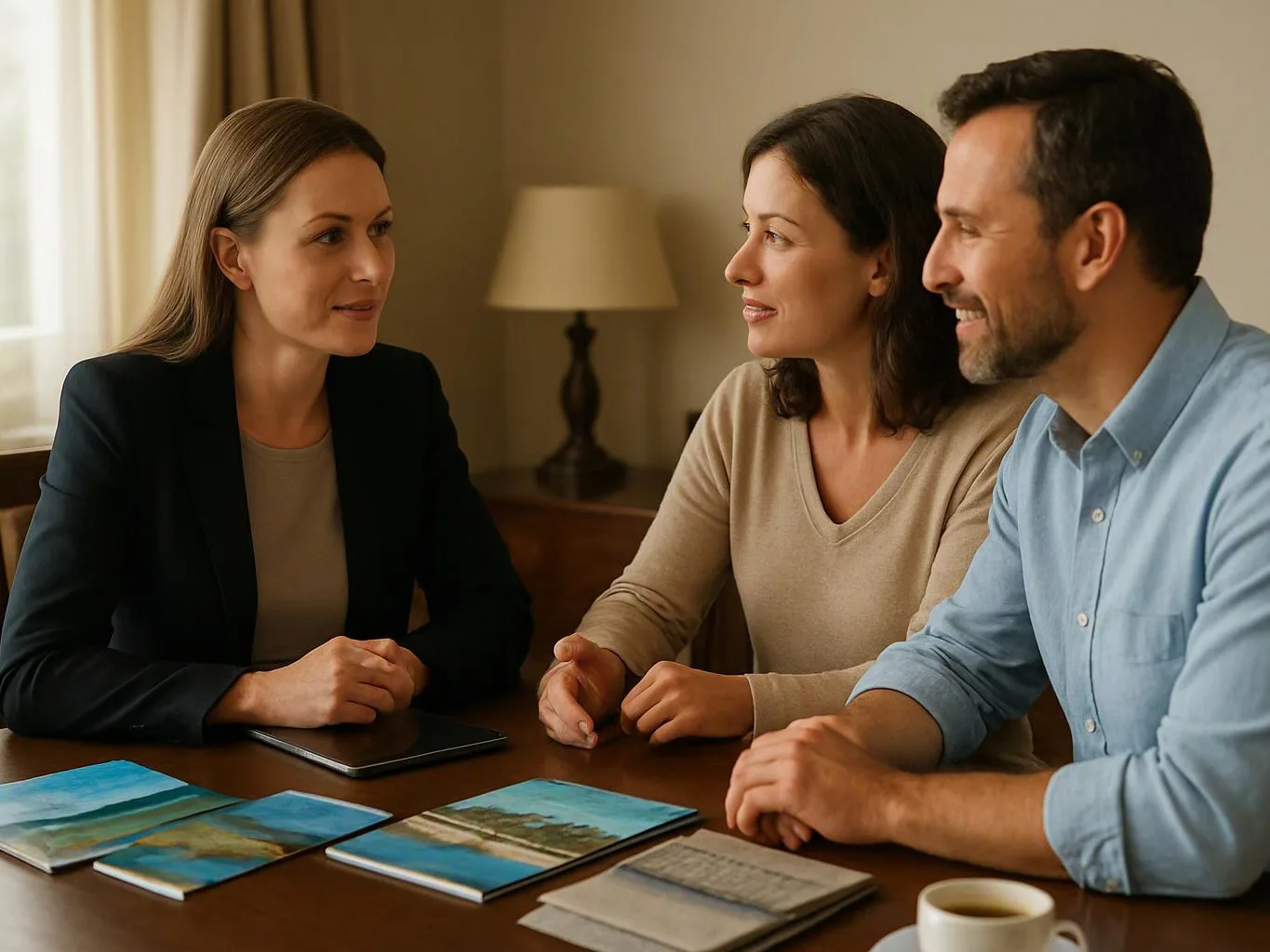 Three adults sit at a table, talking over landscape photos and a notebook in a cozy room