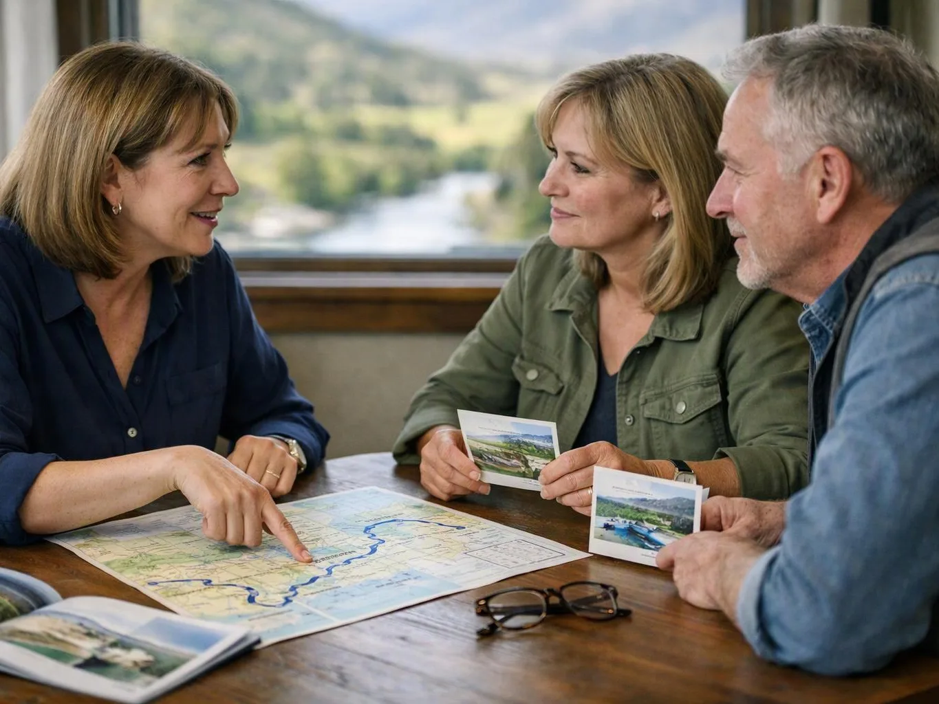 Three adults study a map and small photos at a wooden table by a window with a blurred landscape outside