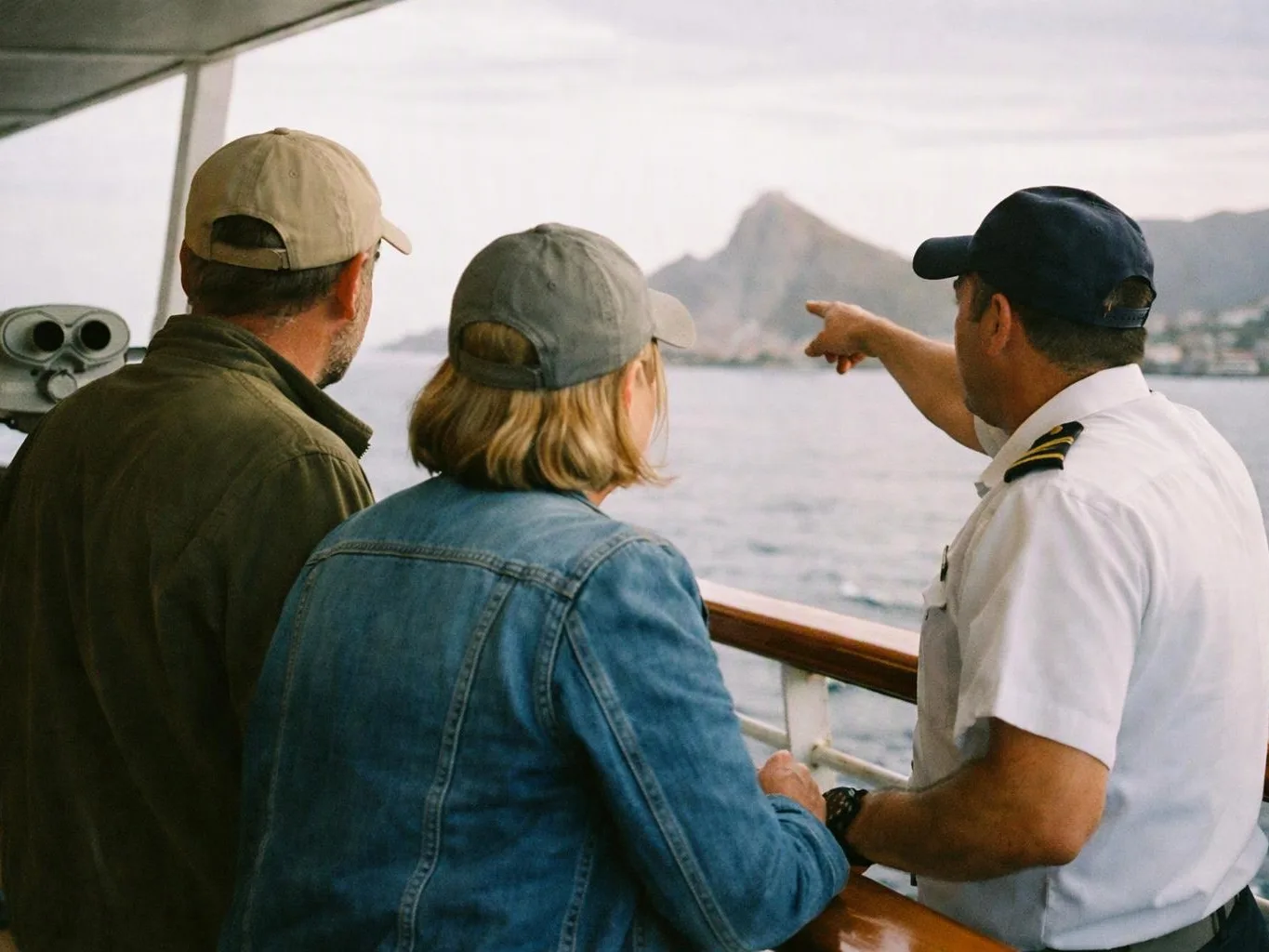 Three people on a boat look toward distant mountains while a uniformed man points across the water