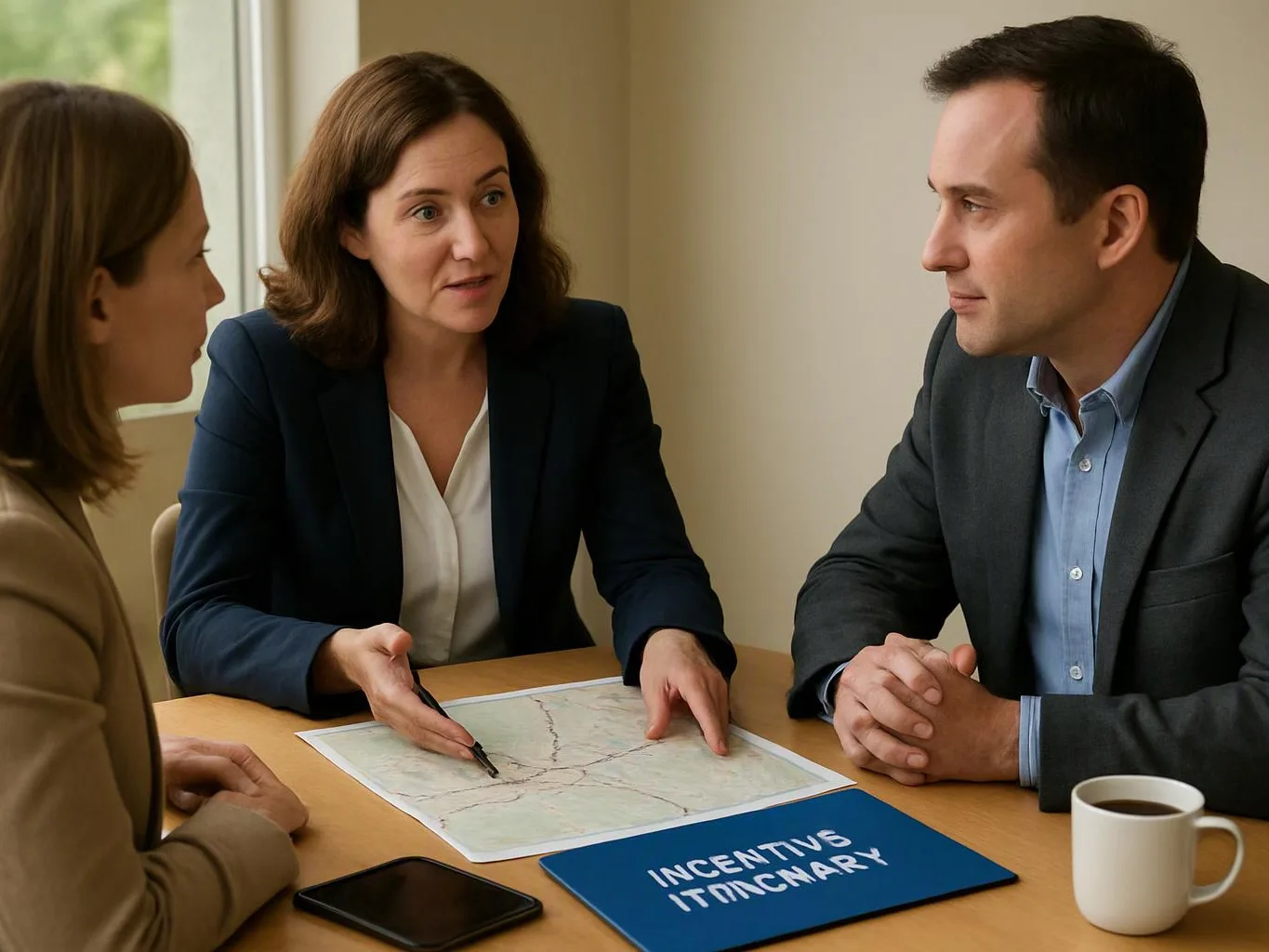 Three people sit at a table, discussing a map and a blue folder beside a phone and coffee mug