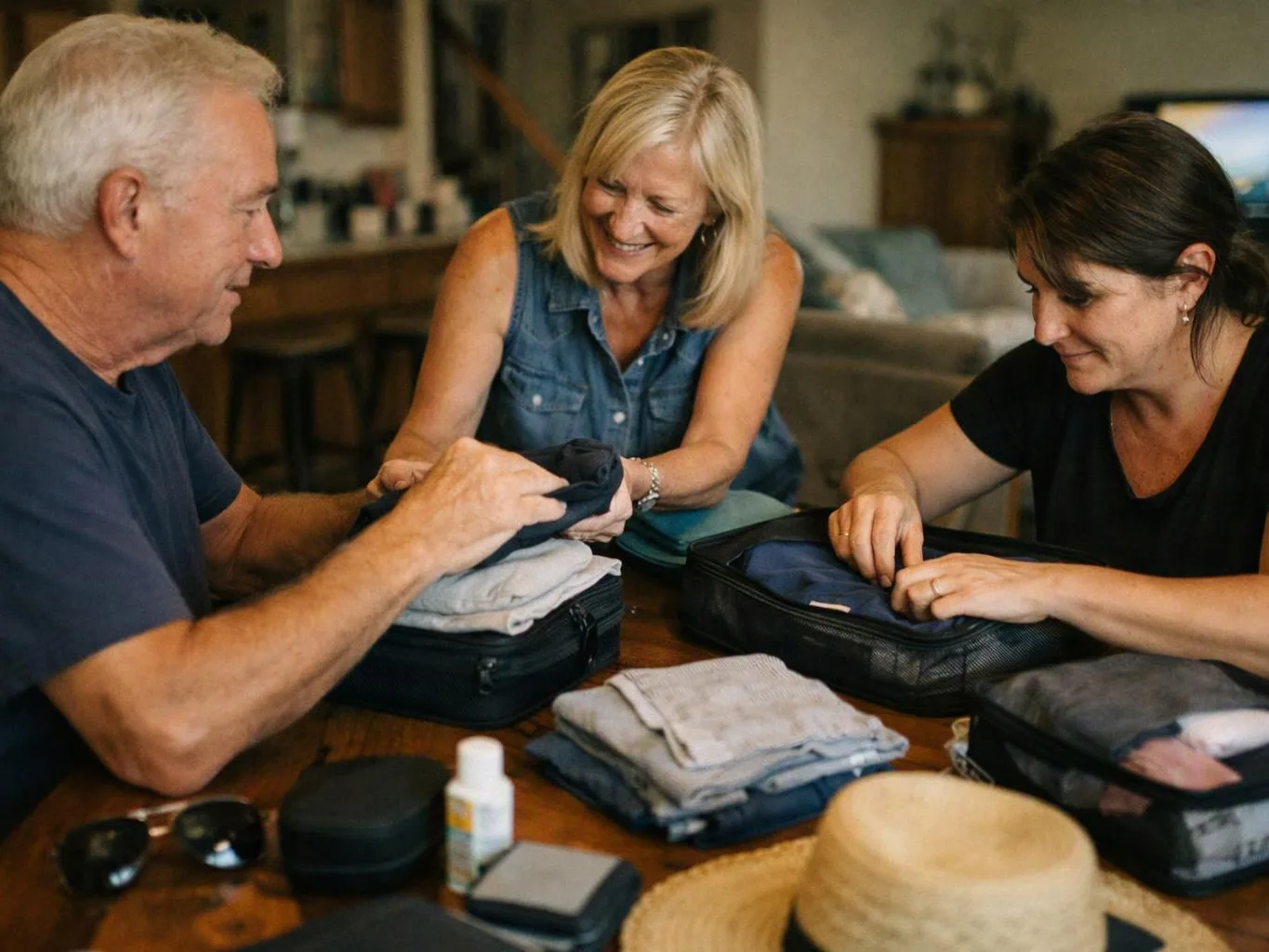 Three people sort folded clothes into packing cubes at a wooden table in a living room