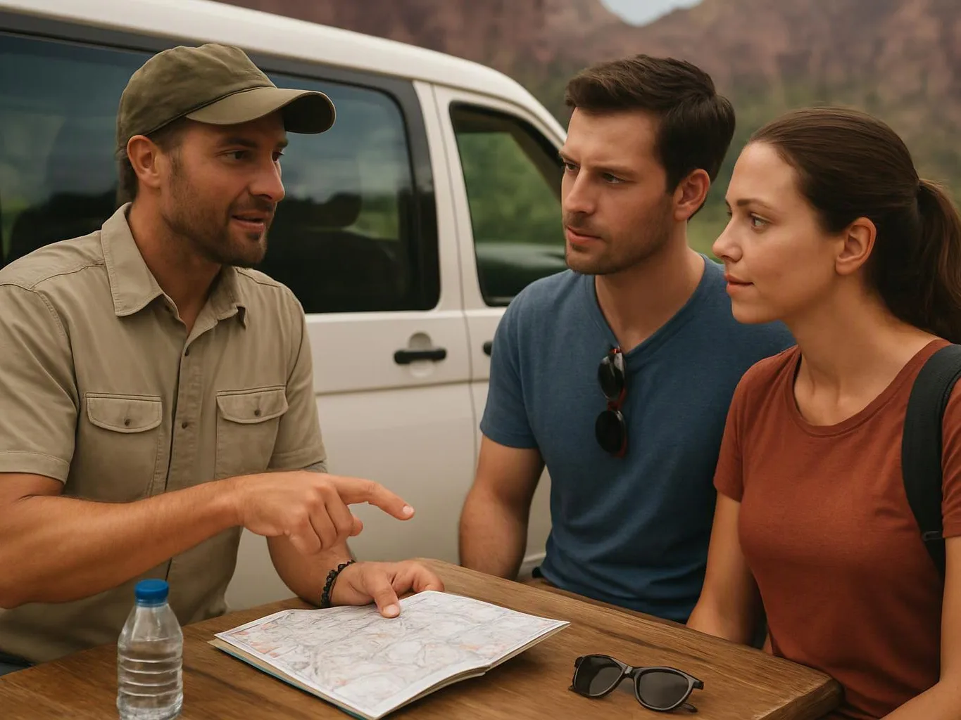 Three people study a map at a table beside a white vehicle outdoors