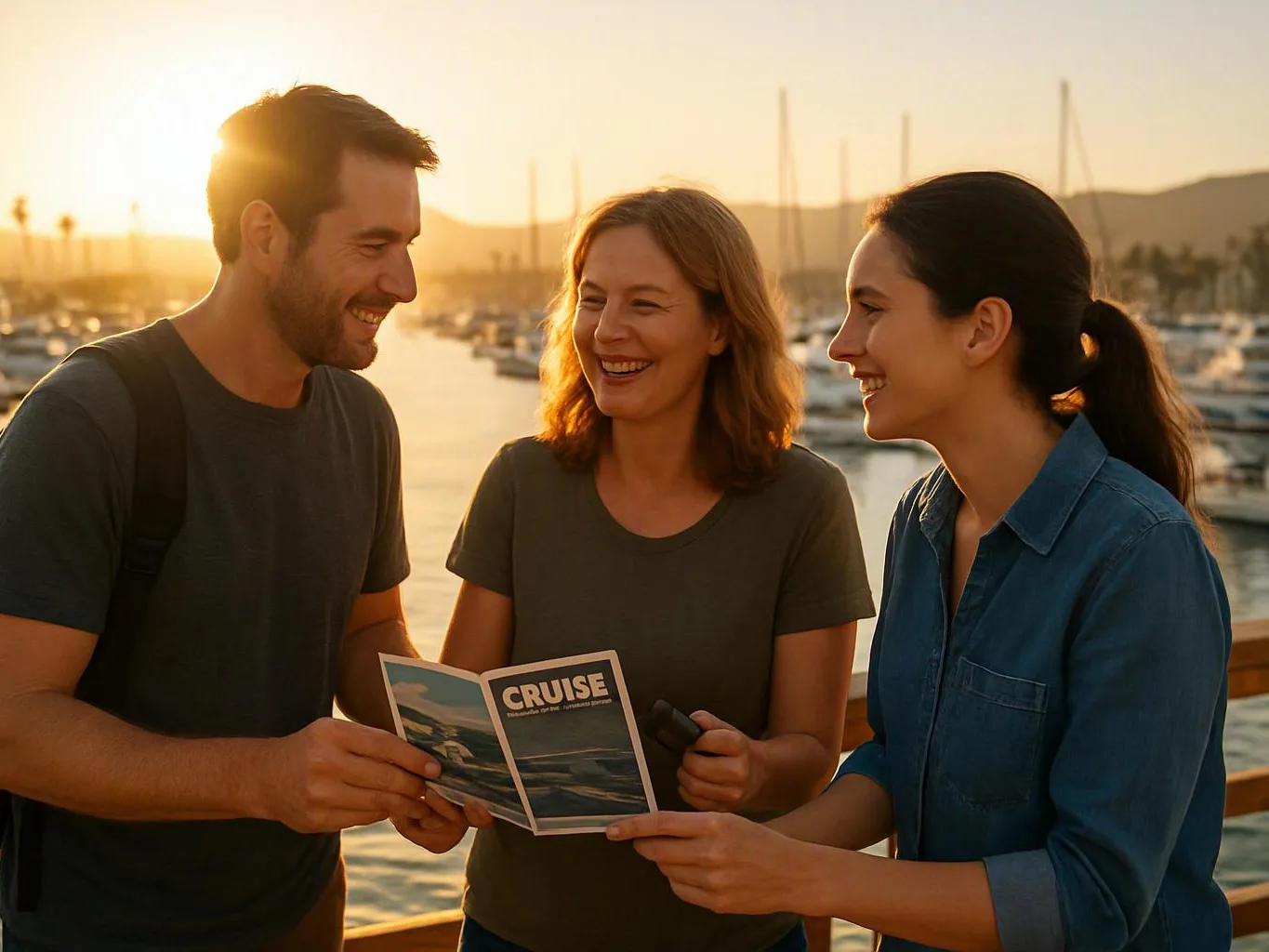 Three smiling adults share a cruise brochure beside a marina at sunset