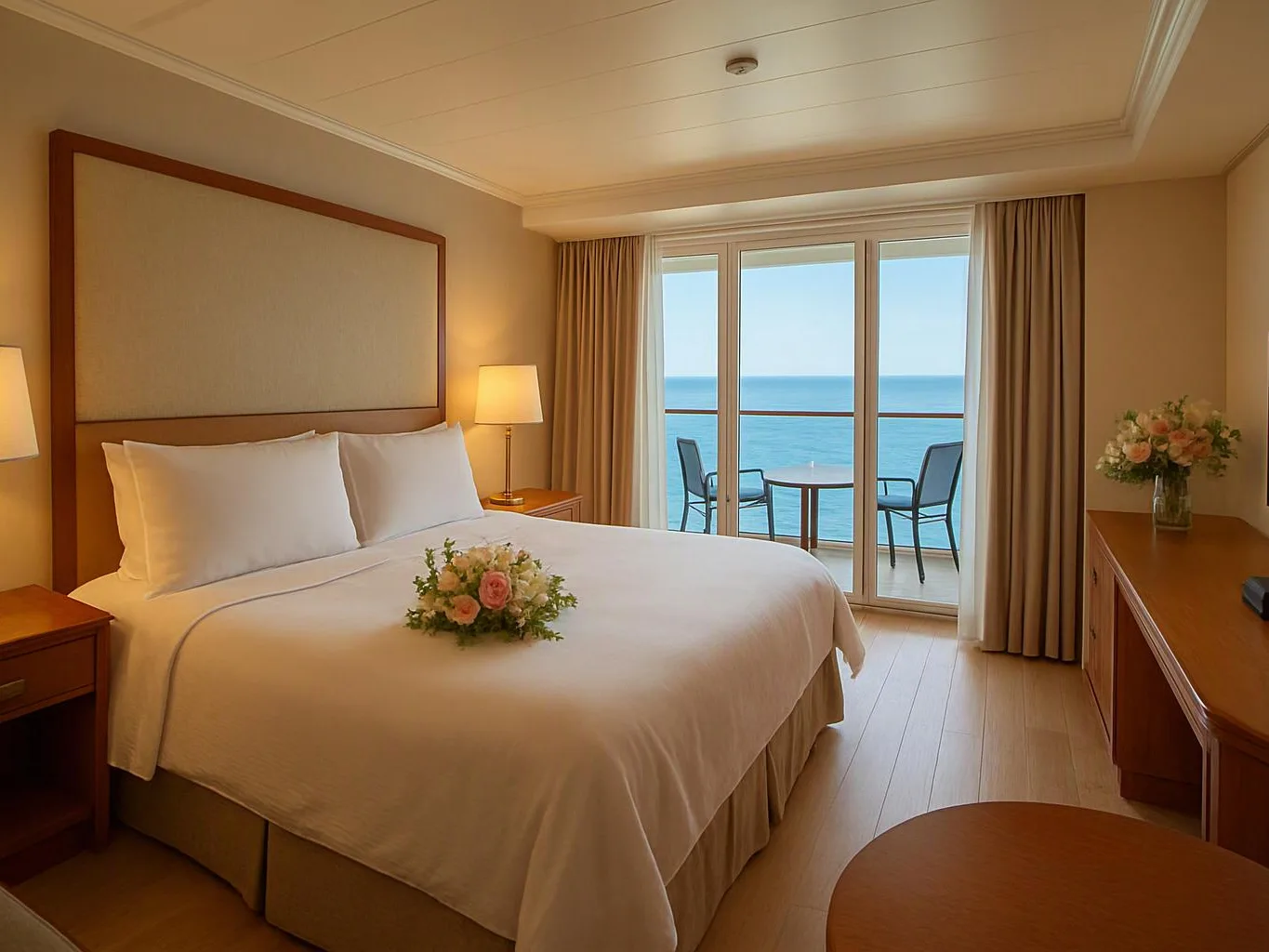 A tidy hotel bedroom has a bed with flowers, and a balcony looks out over the ocean