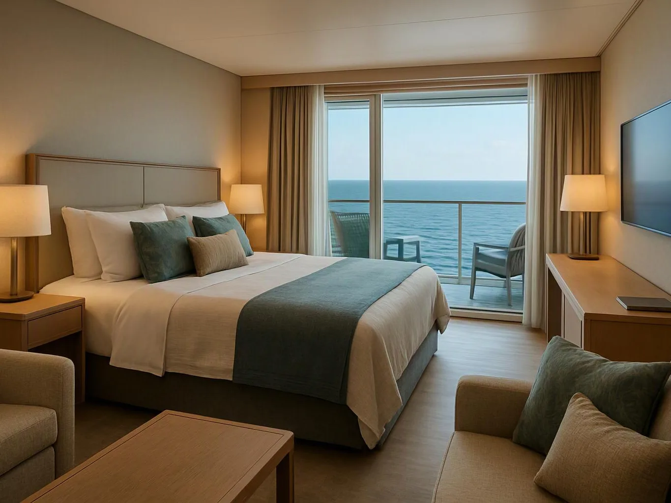 A tidy hotel bedroom has a made bed, lamps, chairs, and a balcony overlooking the ocean