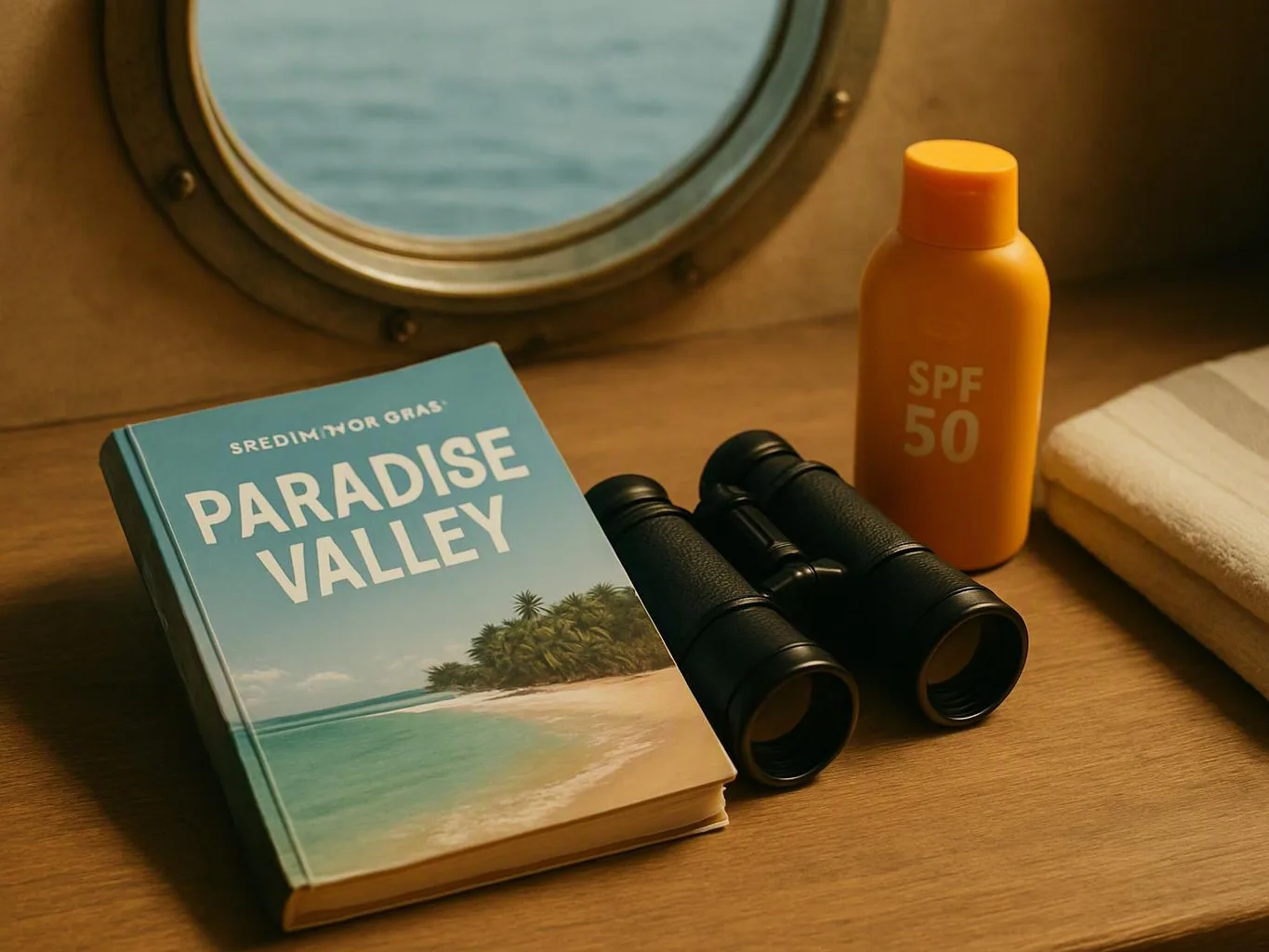 A travel book, binoculars, sunscreen bottle, and folded towel sit on a wooden table by a round porthole window