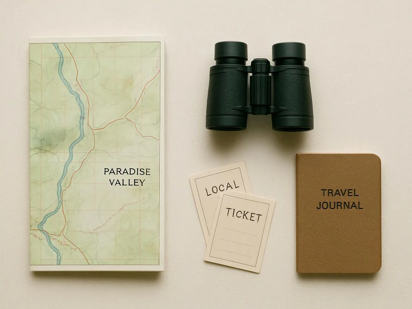 A travel journal, binoculars, map, and two tickets rest on a plain white surface