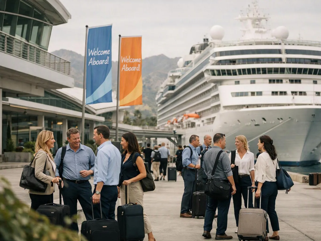 Travelers with rolling suitcases chat on a dock beside a large cruise ship and welcome banners