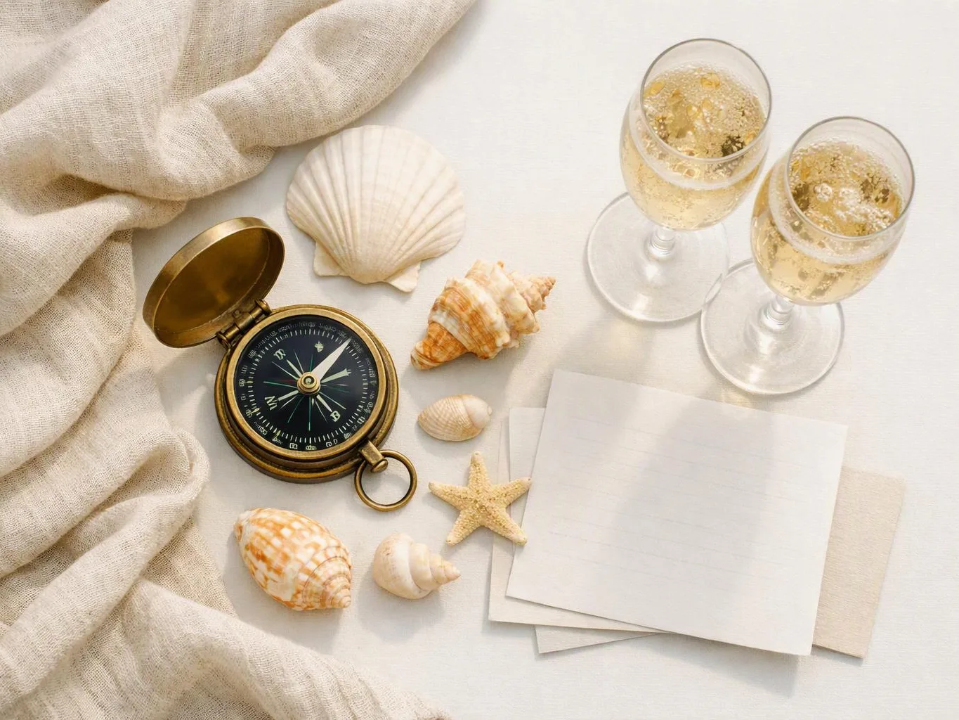 Two champagne glasses sit beside shells, a compass, folded cloth, and blank cards on a white surface