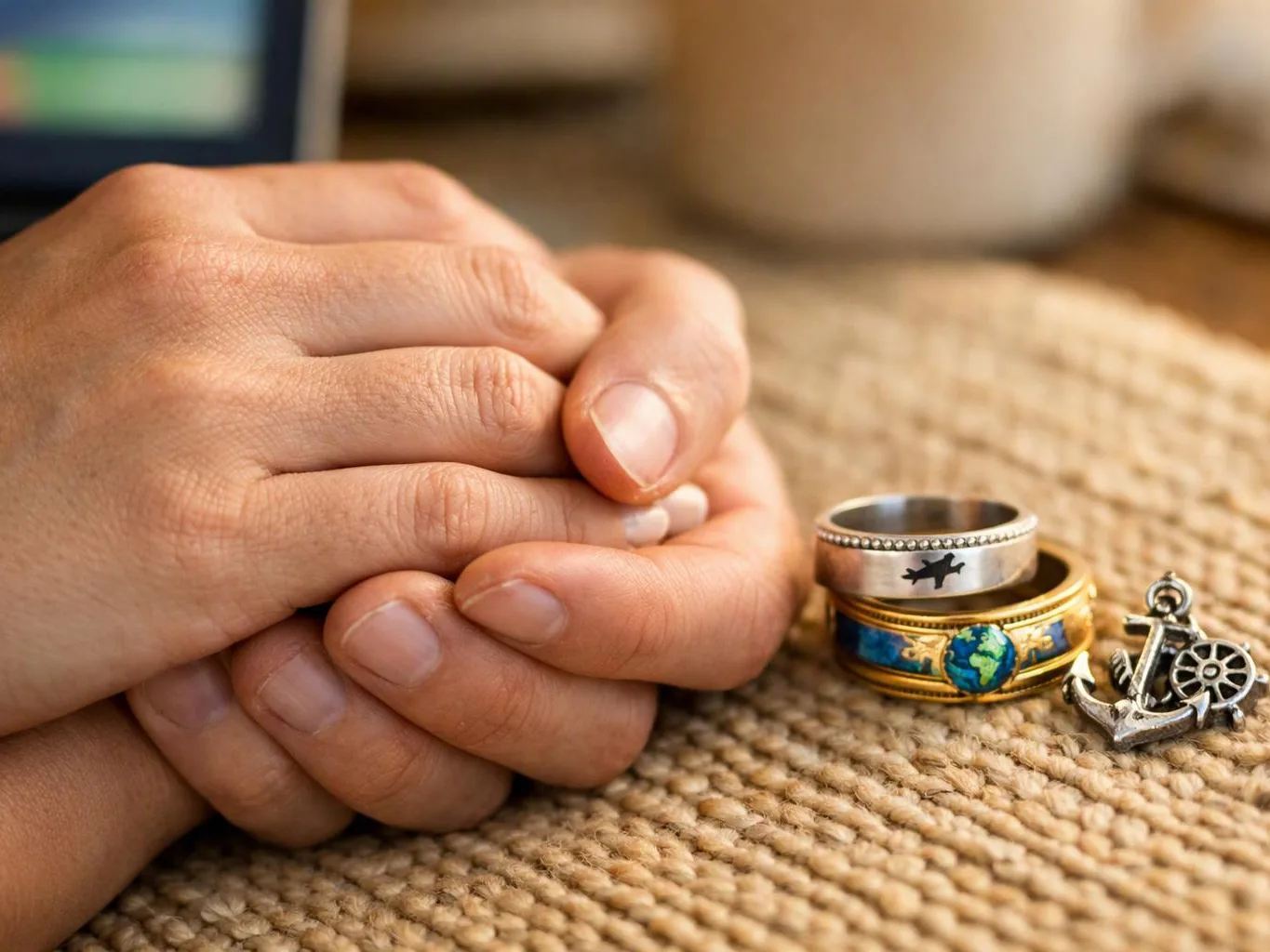 Two hands clasp together beside stacked rings and a small anchor charm on a woven surface