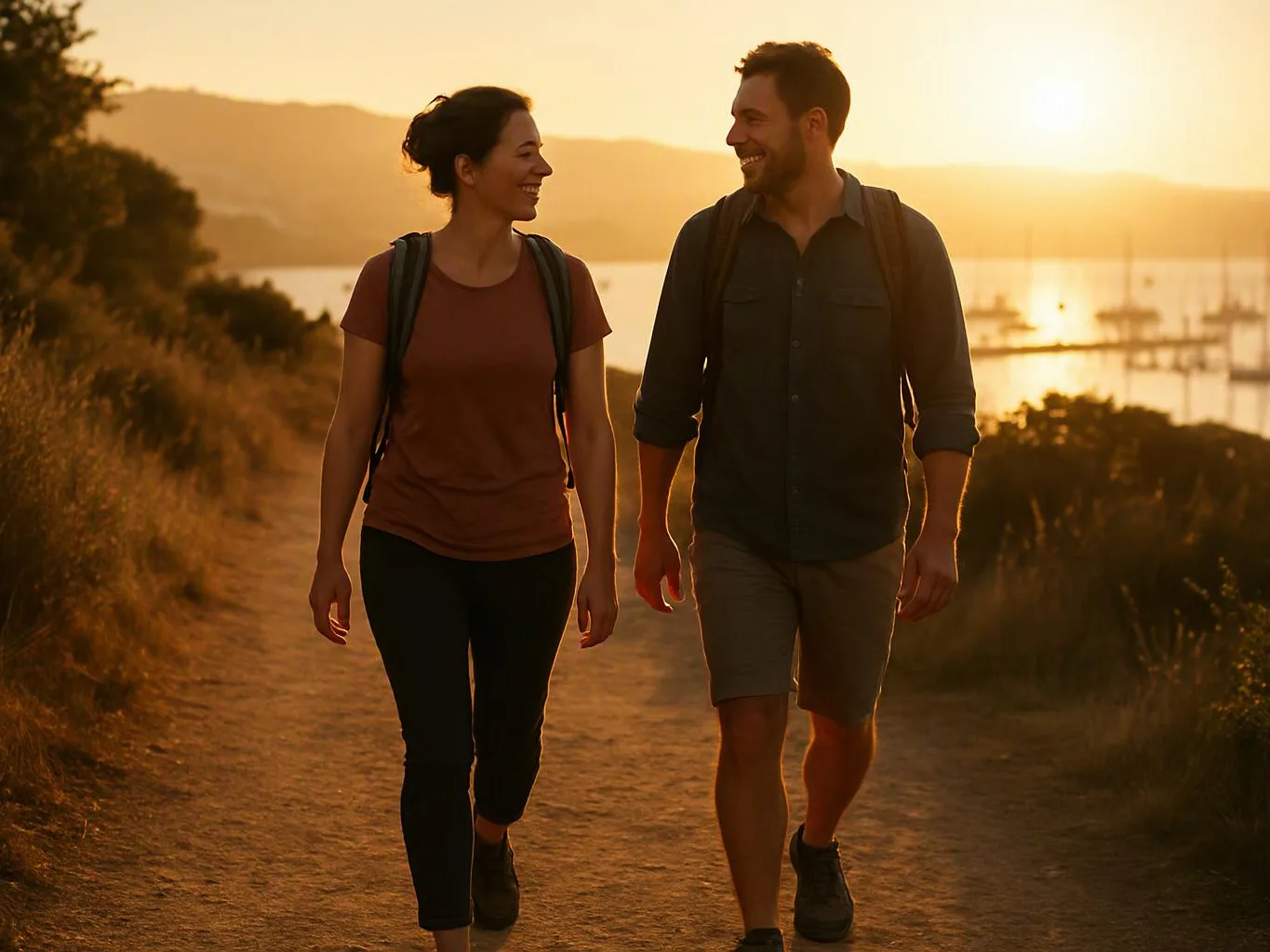 Two hikers walk and smile on a dirt trail beside water at sunset