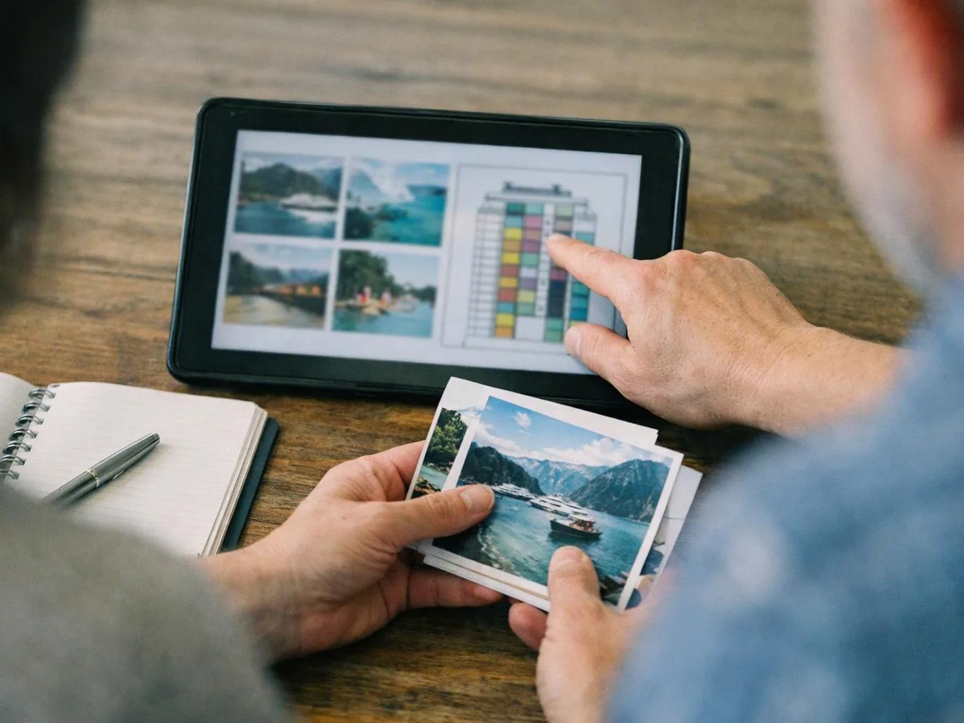 Two people review travel photos and a color chart on a tablet at a wooden table